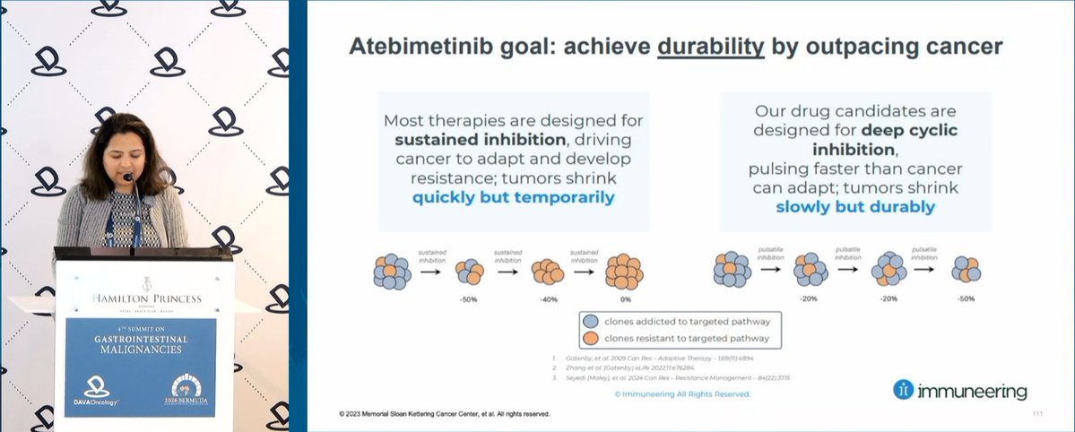 DAVAOnc's tweet photo. At #DAVAGI, Dr. Devika Rao @MSKCancerCenter discusses atebimetinib + GnP as 1L therapy for mPDAC, highlighting Durability and Tolerability with deep cyclic MEK inhibition. In Phase II, median OS was 17.3 months, with no Grade 5 treatment-related AEs and Grade 3 rash in 5%. https://t.co/TXKASrCfOX