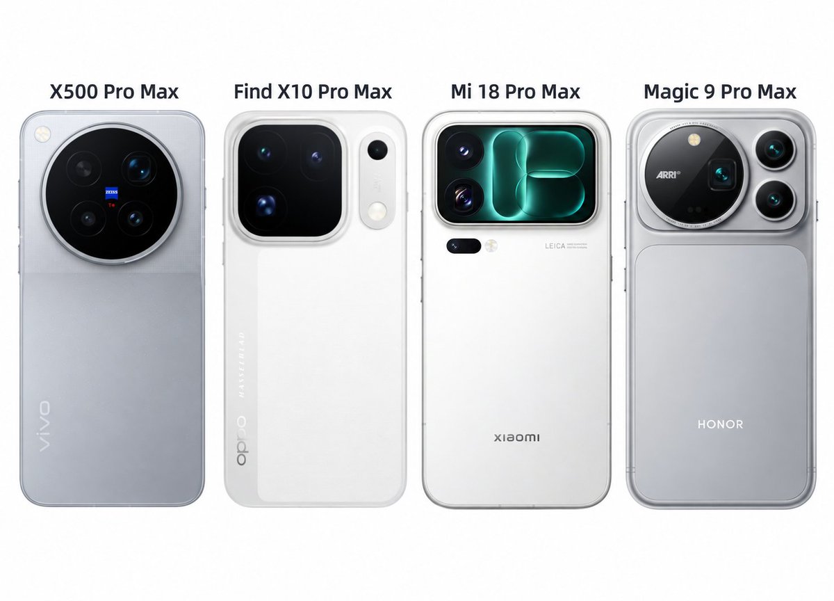 ZionsAnvin's tweet photo. Which Pro Max has the best design?
- Vivo X500 Pro Max
- Oppo Find X10 Pro Max
- Xiaomi 18 Pro Max
- Honor Magic 9 Pro Max
#Honor #HonorMagic9Pro #Xiaomi #Xiaomi18ProMax #Oppo #OppoFindX10ProMax #Vivo #VivoX500ProMax https://t.co/NZRuAHSod2