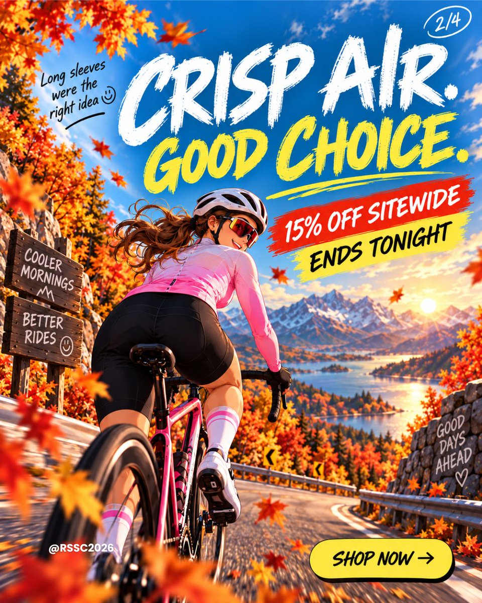 RsscsportsTeam's tweet photo. final lap, fall friends 🍂🚴

cooler rides. crisp air. long sleeves. coffee stops.
basically… peak cycling season.
and yes — 15% off sitewide ends tonight.

shop now before the finish line.

#rsscsports #fallcycling #autumnrides #cyclinglife #cyclingstyle #cyclingapparel https://t.co/TwGJ7DBi6j