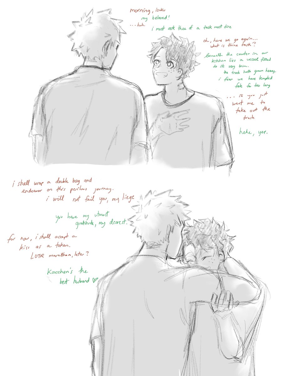 endthisdream's tweet photo. bkdk

izuku being playful and kacchan indulging his nerd husband.

(based on a cute vid of a lady asking her hubby to take out the trash lotr style aaaaa) https://t.co/Tdu7oxZOkx