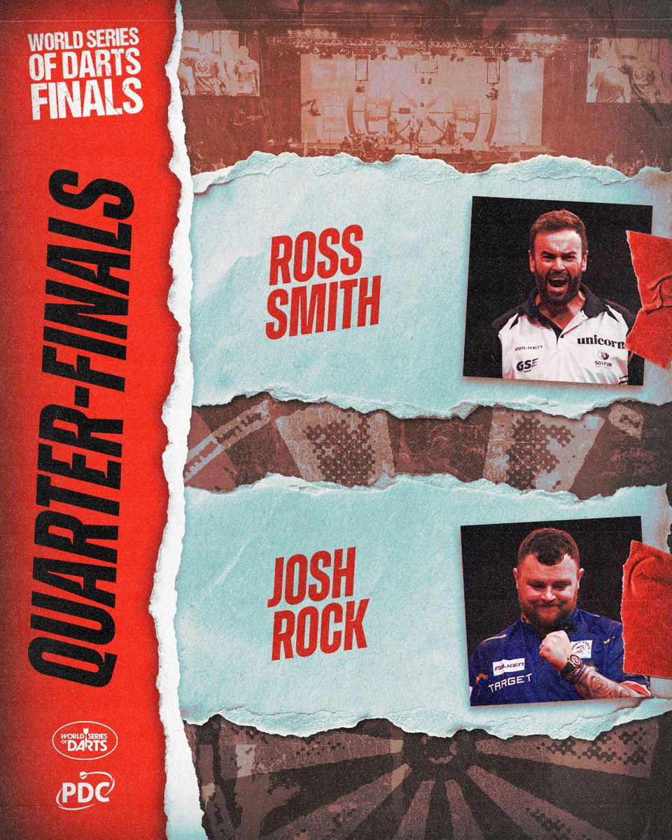 OfficialPDC's tweet photo. SMITH 🆚 ROCK 

Our opening quarter-final pits former European Champion Ross Smith against Northern Ireland's number one Josh Rock!

📺 https://t.co/Xmxpvc1Nh5 
#WSODFinals | QF https://t.co/W8W1TTm1mp