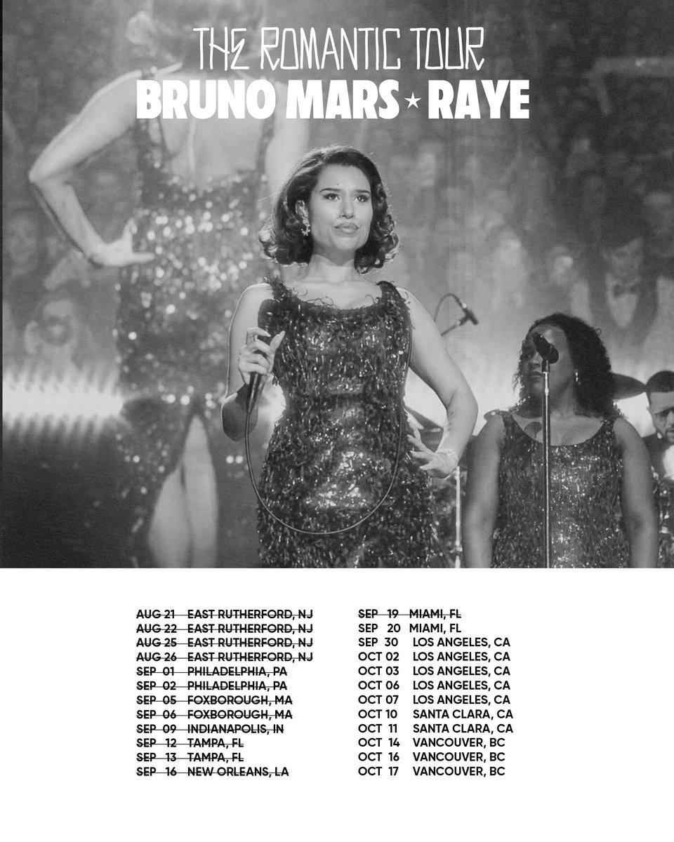 RayeUpdate's tweet photo. Raye is back on stage tonight, opening for Bruno Mars’ “The Romantic Tour” in Miami, FL. 🌹 https://t.co/Q5SnRKW9RY