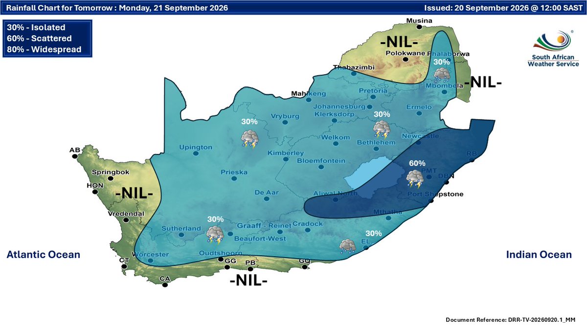 SAWeatherServic's tweet photo. Weather forecast for today and tomorrow, 20-21 September 2026:
Partly cloudy and cool to warm with isolated to scattered showers and thundershowers.
#saws #weatheroutlook #Warning #spring https://t.co/00NvGZUYi5