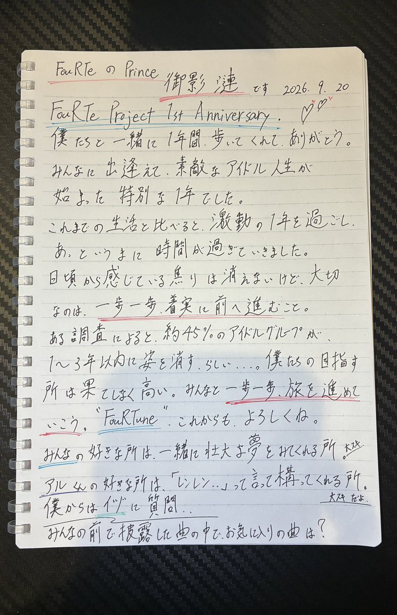 mikage_ren_0305's tweet photo. 【FouRTe 交換日記企画】
3日目は僕，御影漣です💘🪽
こうしてみんなと一緒に1周年を祝えて，凄く嬉しいです。
次のメンバーは，翠凰稜巳 "@izumi_suo_ "
お楽しみに🫧
#FouRTe #FouRTe1stFate 
#アルアルアルテ #沼れん #いづちゅん https://t.co/KT9YDW7atp