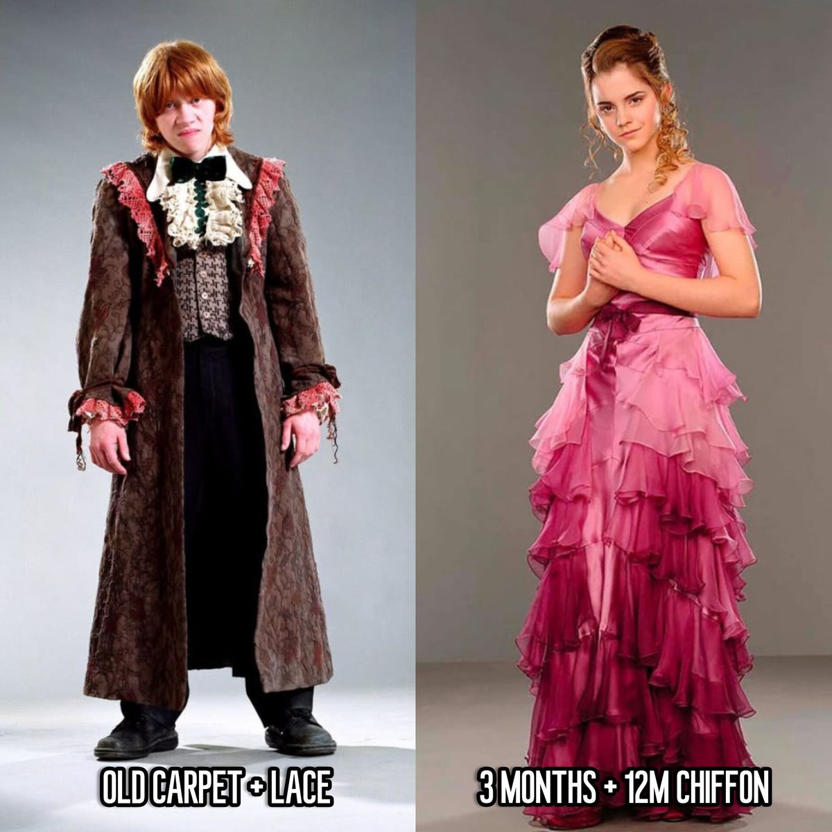TwtsByAbnormal's tweet photo. RON WAS LITERALLY THE ONLY ONE THEY DID THIS TO 😭

> The Hogwarts boys were given satin-silk robes designed like a wizarding version of black tie
> Ron was the only exception
His robes were made from old carpet fabric
> Then they added loads of lace.
> Meanwhile Hermione’s dress took three months and used 12 metres of chiffon
> So yes…
> Ron wasn't just badly dressed
> He was specifically designed to look badly dressed

wardrobe department had a target