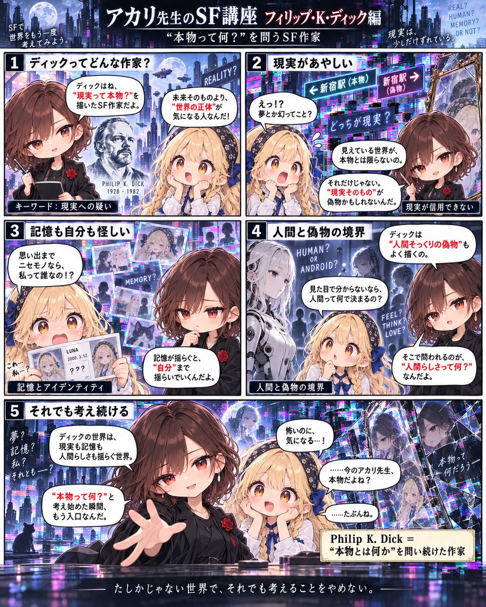 liminalityworld's tweet photo. 【SF講座シリーズ #1】
“本物って何？”を問い続けたSF作家、
 フィリップ・K・ディックを5コマで紹介しました。
現実が信用できない
記憶も自分も怪しい

人間と偽物の境界が揺らぐ
こんな世界観が好きな人は、たぶん刺さるはず。
アカリ先生×ルナで
これから少しずつSF作家を紹介していきます📖

「こういう解説もっと見たい！」と思ったら
いいね・感想もらえると嬉しいです✨

#SF講座 #フィリップKディック #SF好きと繋がりたい #AIイラスト #漫画
