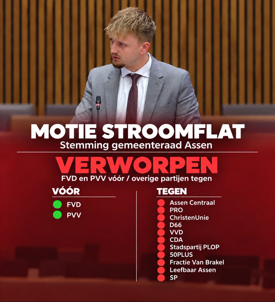 FVD_Assen's tweet photo. 👉🏼 Afgelopen donderdag dienden we een motie in om de bewoners van de Stroomflat in hun woning te laten zitten. Een meerderheid stemde tegen. Voor FVD gaat het niet alleen om contracten, maar om hoe we met onze inwoners omgaan. Wij blijven strijden voor een goed alternatief. #FVD https://t.co/EV752pctRM