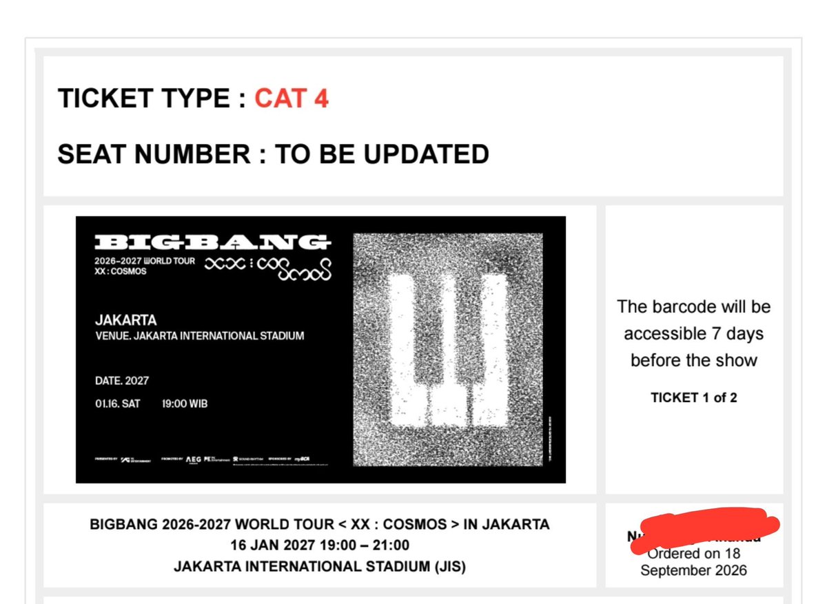cerelogy's tweet photo. WTS
BIGBANG 2026-2027 WORLD TOUR
< XX : COSMOS > IN JAKARTA

🎫 CAT 4 - 1 tix (bca presale)

✅ fullpayment 
✅ diurus sampai tiket fisik
✅ cod jakarta/bekasi

💌 DM for details https://t.co/y2ByHD08IR