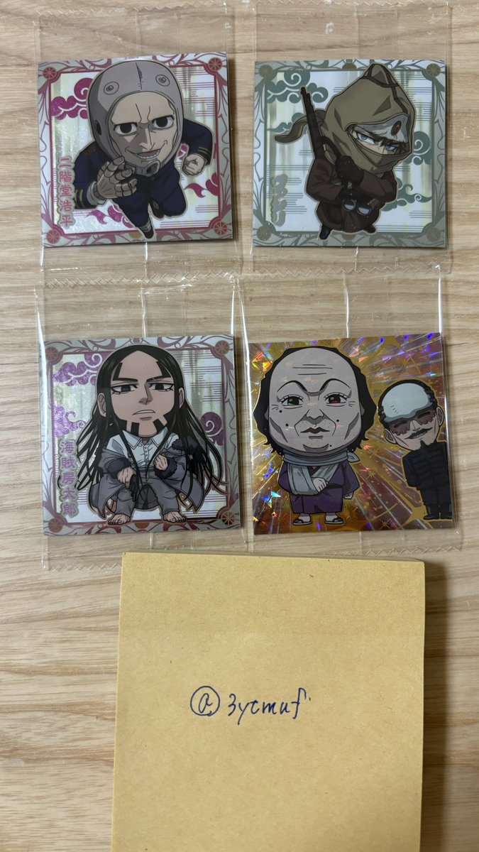 3ytmuf's tweet photo. 【交換】
ゴールデンカムイ 金カム ゴカム 金塊争奪シールウエハース 

【求】画像2枚目 尾形百之助 各1
【譲】 画像1枚目 二階堂浩平、ヴァシリ、海賊房太郎、シークレット

複数交換、場合によってはn:1可
郵送での交換を希望しております。
よろしくお願いいたします。 https://t.co/KwKVh9u2qL