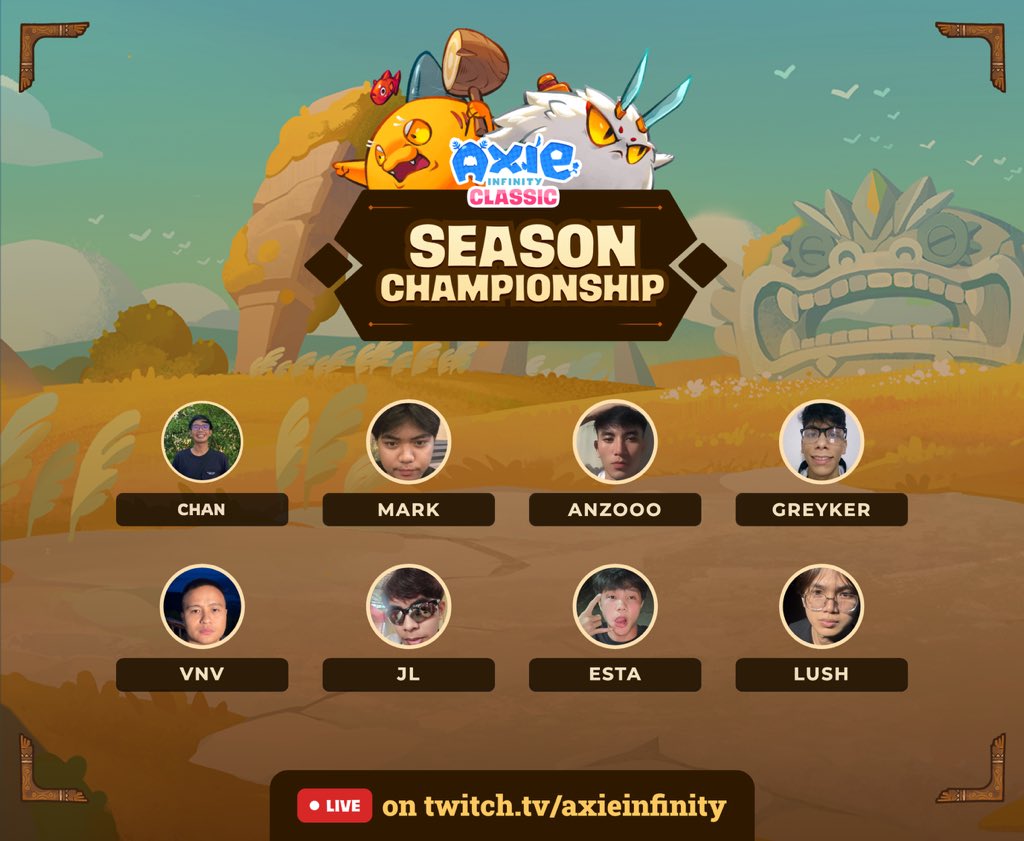 AxieInfinity's tweet photo. The Classic Season Championship is LIVE!

The Top 8 players are battling for 3,000 bAXS 🏆

Who will claim the title of Season 16 Champion? 👑

Tune in now and catch the action live! 👇

📺 : https://t.co/ZcHF3IvT1k https://t.co/j4dztlrRVu