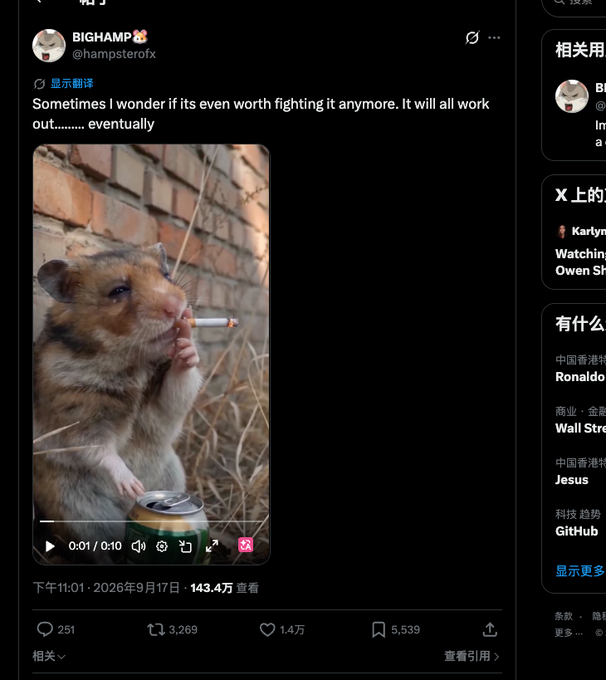 DeepMin88285220's tweet photo. 百万浏览 
这几天真是太像了 
要怎么走，钱要怎么赚，我要成为什么样的人，我没有答案，往后的路该怎么走，我这一生该怎么活，我不知道，我们都被命运裹挟着前进，就像独自坐在深夜的屏幕前，被跳动的数字裹挟着情绪。
这行待久了，见多了一夜暴富的神话 
我们都换身成了忧郁鼠 
和前天都emo小猴一样啊！！！！