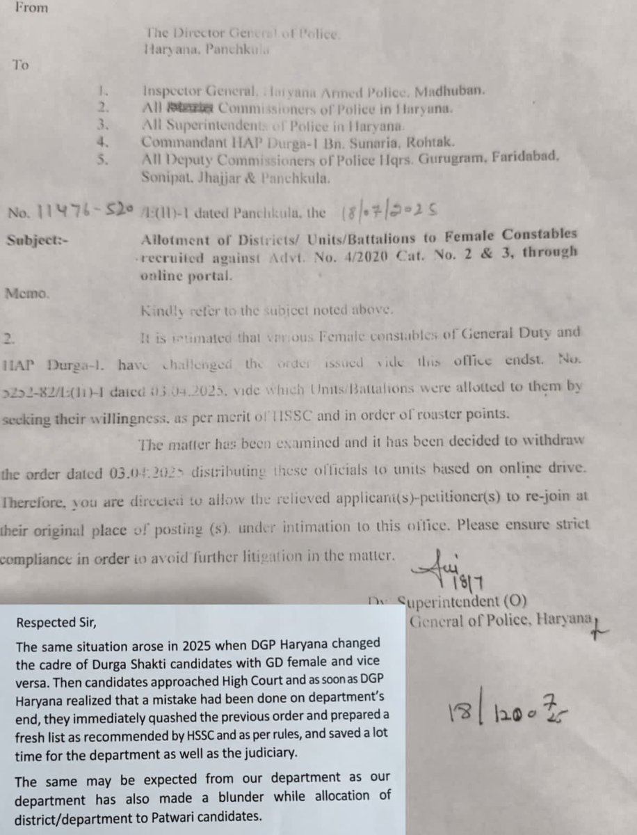 ChhikaraParween's tweet photo. @yashpalmurar @rajeshkhullar1 Respected Sir, In 2025, DGP Haryana corrected a similar cadre-allocation error by quashing the order and issuing a fresh list as per HSSC recommendations and rules. We request similar correction in Patwari department allocation. 🙏🏻 https://t.co/O9eJPtxMqJ