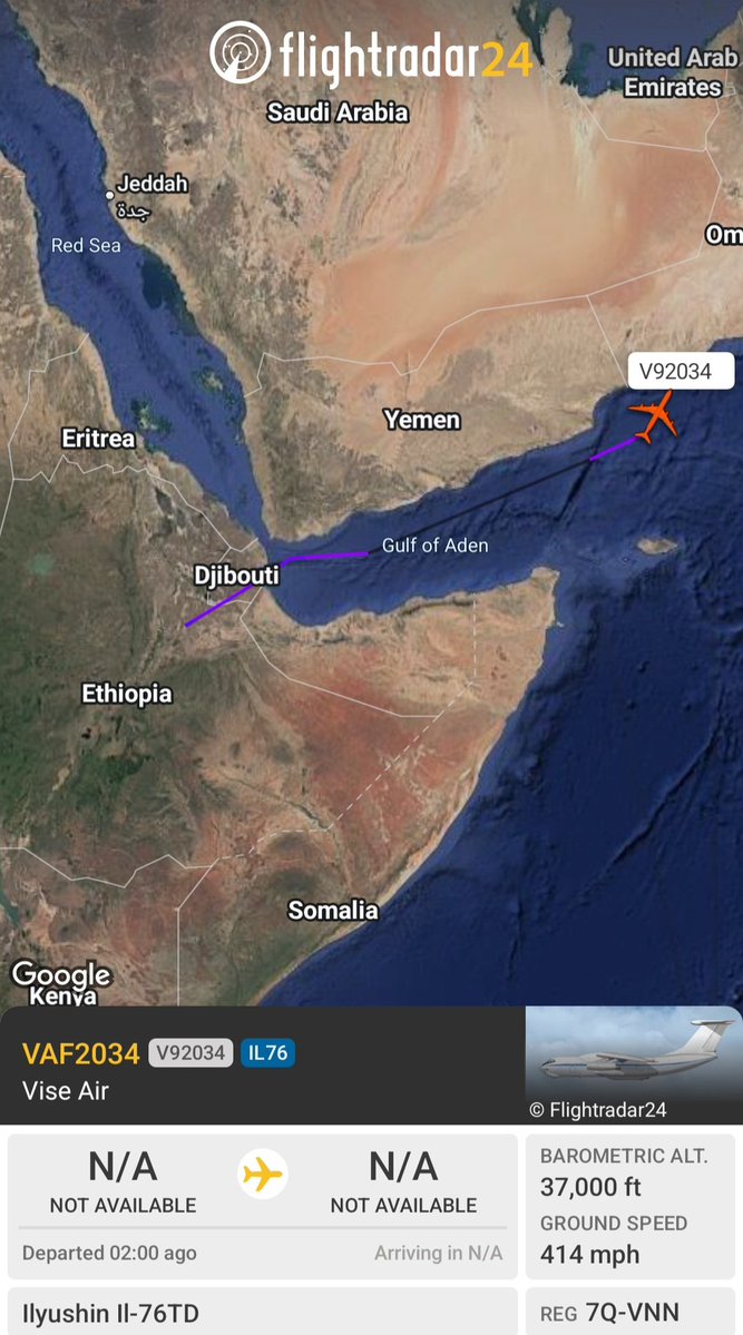 Borrowed7Time's tweet photo. Vise Air IL-76TD 7Q-VNN #05808F as VAF2034 returning to UAE from Addis Ababa.
@sipjack1776 @Dinlas3 @LadyAstroJet https://t.co/h0bl2esF3p