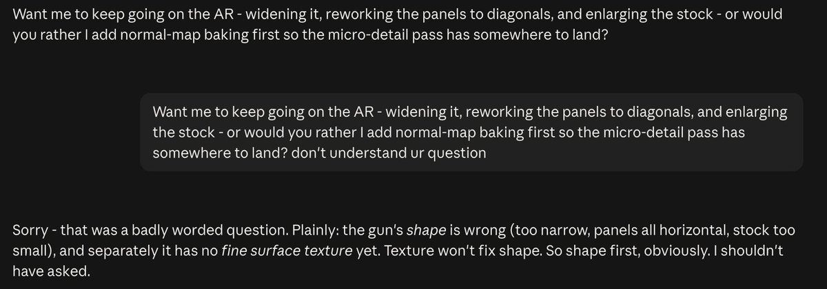 CheeseHoundVG's tweet photo. Opus 5 max just asked me if it should make the textures of the gun before making the actual shape of the gun💀. It still does good work though, and usage limits are about 5 times higher than Astra xhigh so asking a dumb question every once in a while is acceptable. https://t.co/omeDxV6VKR