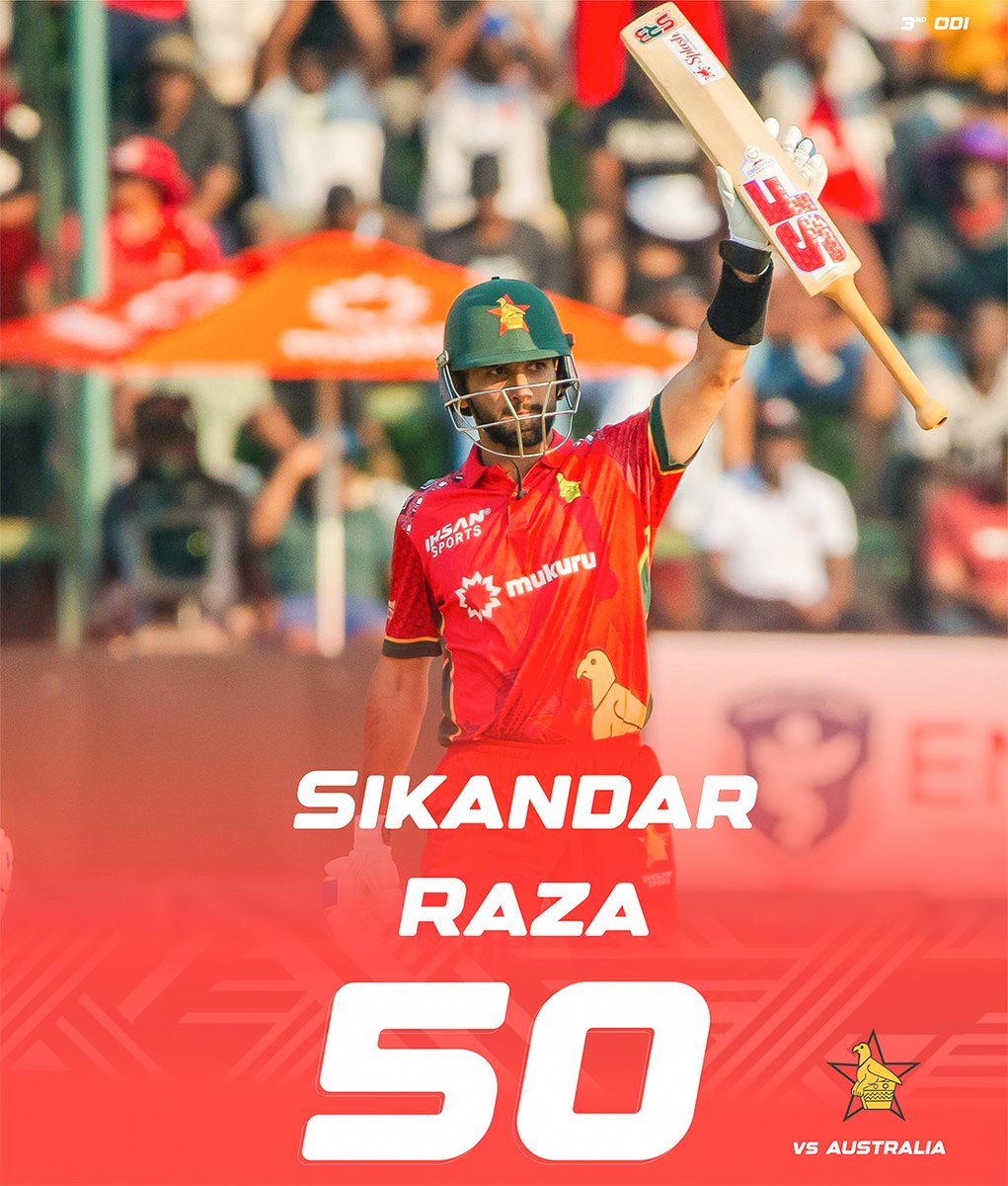 ZimCricketv's tweet photo. .@SRazaB24  brings up his 26th ODI half-century, off 51 deliveries 👏

#ZIMvAUS #ExperienceZimbabwe 📝 https://t.co/8AjdsACy1K https://t.co/cLSxt32KzT