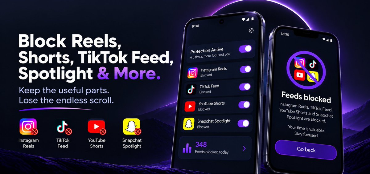 ScrollEclipse's tweet photo. You shouldn’t have to delete Instagram just to stop watching Reels.

That’s the idea behind ScrollEclipse.

Block Instagram Reels, TikTok feeds, YouTube Shorts and Snapchat Spotlight — without giving up the apps completely.

Android closed testing now. Coming soon. https://t.co/5YjSud6wG8