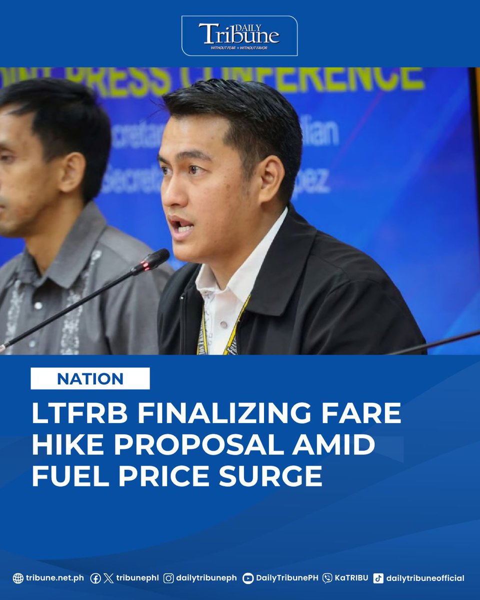 tribunephl's tweet photo. The Land Transportation Franchising and Regulatory Board (#LTFRB) is finalizing its recommendation on a possible fare increase as fuel prices remain #volatile, acting chairperson Greg Pua Jr. said Sunday. | Jerod Orcullo
#dailytribune https://t.co/mVw67xSLAU