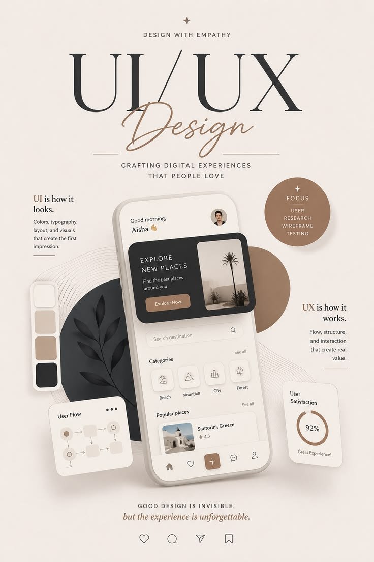 uiuxjosh's tweet photo. Clear hierarchy and messaging: The big “UI/UX Design” title with the elegant script “Design” creates instant focus. Supporting lines like “Crafting digital experiences that people love” and the bottom quote (“Good design is invisible, but the experience is unforgettable”)♦️♦️♦️ https://t.co/bFu6NdS4fj