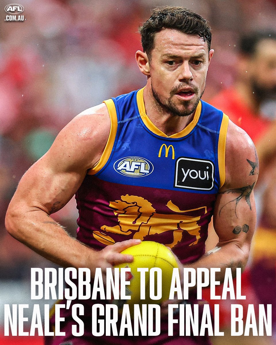 AFL's tweet photo. The Lions have confirmed they will challenge Lachie Neale's one-match suspension that would see him miss the 2026 Toyota AFL Grand Final.

Details: https://t.co/hmuULZwfUY https://t.co/OvXK92bplw