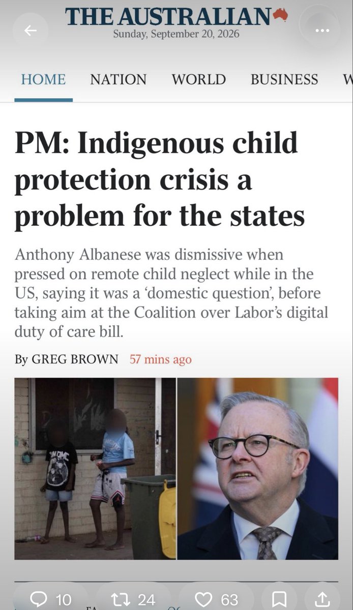 TheRedPiranha's tweet photo. Anthony Albanese flew to the United States to talk about “protecting children.”

Then he was asked about the Indigenous child-protection crisis in remote Australia.

His answer: it’s a problem for the states. A “domestic question.”
Same trip: Apple HQ, Tim Cook, smiles about online harm, and another spray at anyone questioning Labor’s digital duty of care bill.

So here’s the hierarchy:

•  Kids in poverty: not urgent enough.

•  Kids neglected in remote communities: not Canberra’s job.

•  Kids on social media: world-leading leadership, $99 million fines, more eSafety power, and a law critics call a blank cheque for censorship.

If the mission was really children, he wouldn’t shrug off actual neglect while posing with a tech billionaire about screen time.

The kids who need protecting are already here.

The internet is just the story that lets him talk about control instead of failure.

His is a failure. Resign @AlboMP