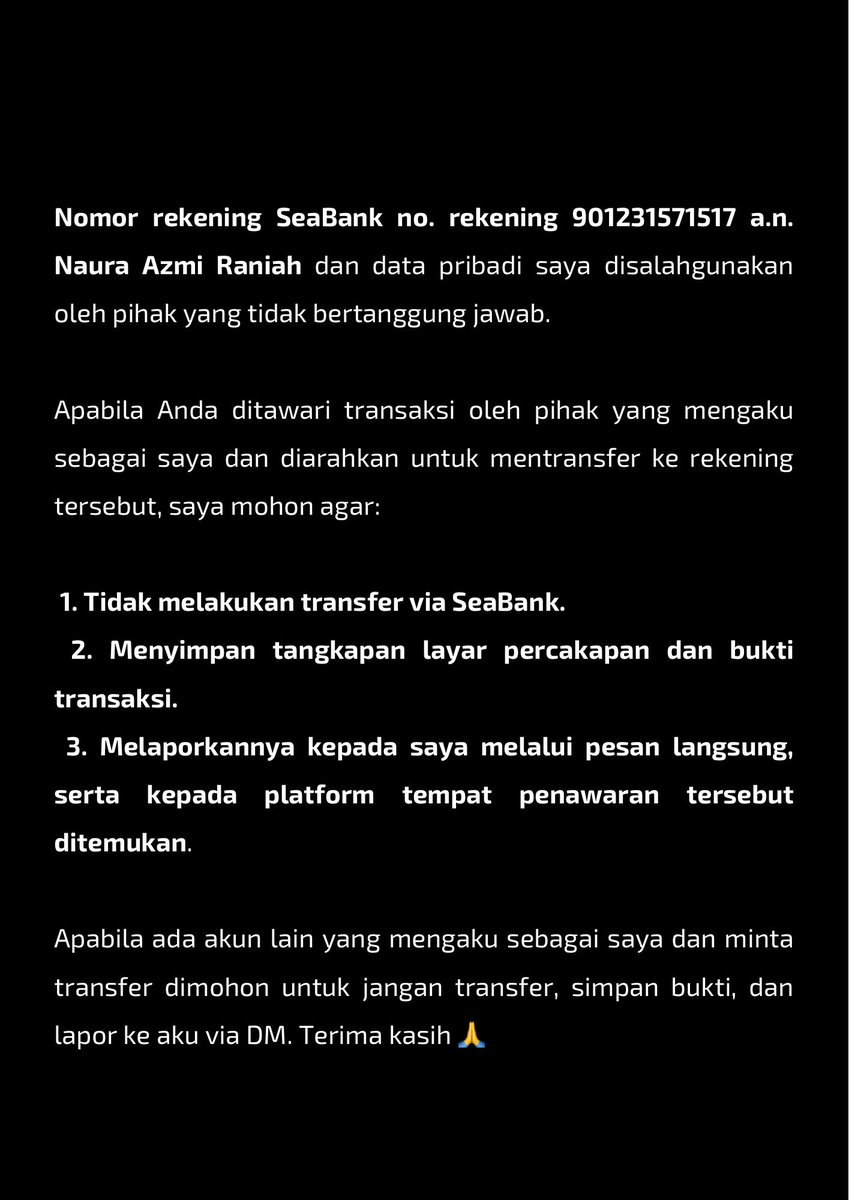 lishenmacaron's tweet photo. Nomor rekening SeaBank no. rekening 901231571517 a.n. Naura Azmi Raniah dan data pribadi saya disalahgunakan oleh pihak yang tidak bertanggung jawab. https://t.co/0WqXZ3wCvI