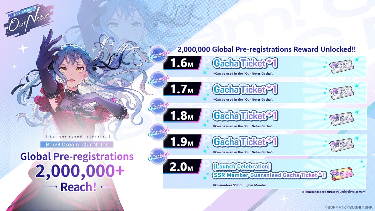 bangdreamon_EN's tweet photo. 🎊BanG Dream! Our Notes Global pre-registrations have reached 2,000,000!🎊

Thank you so much for all your pre-registrations and support! ✨
🎉 2,000,000 Milestone Reward: [Launch Celebration] SSR Member Guaranteed Gacha Ticket *1

🎁 We will distribute the cumulative unlocked rewards after the game officially launches:
Star *4,000
SONG TICKET *30
SR+ Guaranteed Gacha Ticket *1
New KV "Snapshot" *1
BanG Dream! Anime Logo "Sticker" *3 types
"Mission Pass" Season 1 free for everyone!
[Launch Celebration] SSR Guaranteed Gacha Ticket *1
Gacha Ticket *8
[Launch Celebration] SSR Member Guaranteed Gacha Ticket *1

▼Pre-register now▼
https://t.co/KQzFfPVvxS

#BanGDream #OurNotes #OurNotes0924