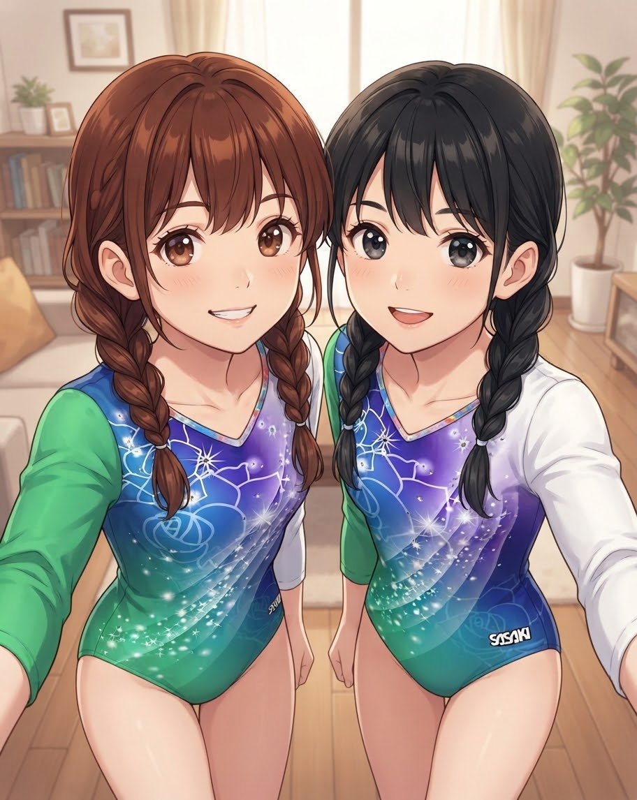 UniLabo3535's tweet photo. 乙女ちゃんと麻友ちゃんの試着遊び　かわいいーとはしゃいでいます。#レオタード https://t.co/JO1f0z25ai