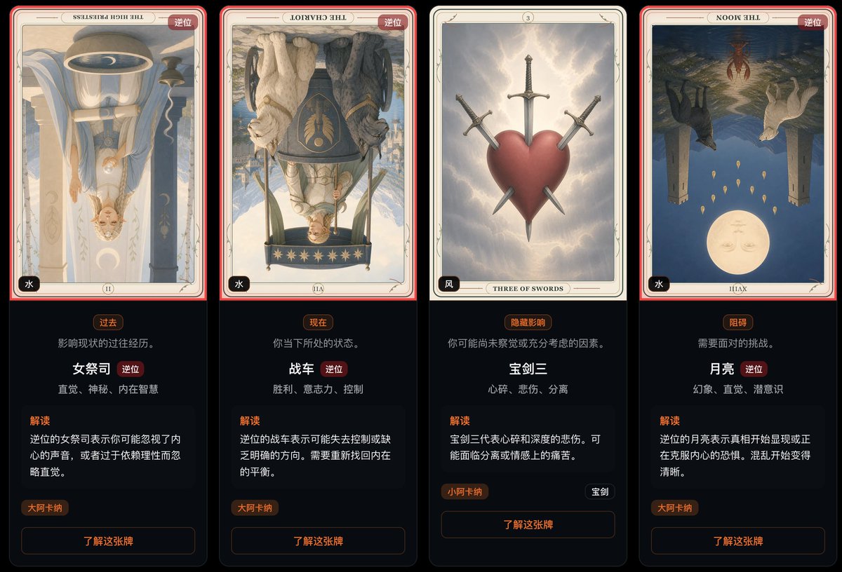 BruceD21086's tweet photo. hmmm，趁着这波失业，刚刚用我自己的塔罗牌赛博算命网站 https://t.co/slGPJnA1T3 （是的，我在推广我自己的产品，哈哈）给自己占卜了一发，七张牌的马蹄牌阵。

结果看上去貌似还可以？尤其宝剑三这张牌，可太真实了😂 https://t.co/colp8wLPOm
