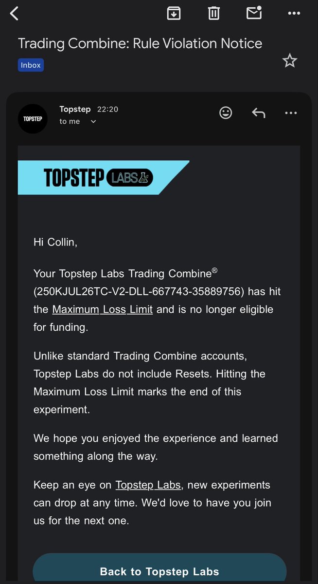 tradercollin's tweet photo. Day 12 - $1 Million Funded Challenge with Topstep

A bit of a late post but took 2 bad trades on Friday with an account already in drawdown and due to that, Max Loss Limit was breached in on the account. 

I know have 3 more $250K Combines remaining. 

2 of those accounts are in drawdown and the 3rd account is at Initial Starting Balance. 

I’ve been learning a lot these past few days and I’m hoping I can turn these accounts around slowly but surely. 

Hope everyone is having a good weekend!