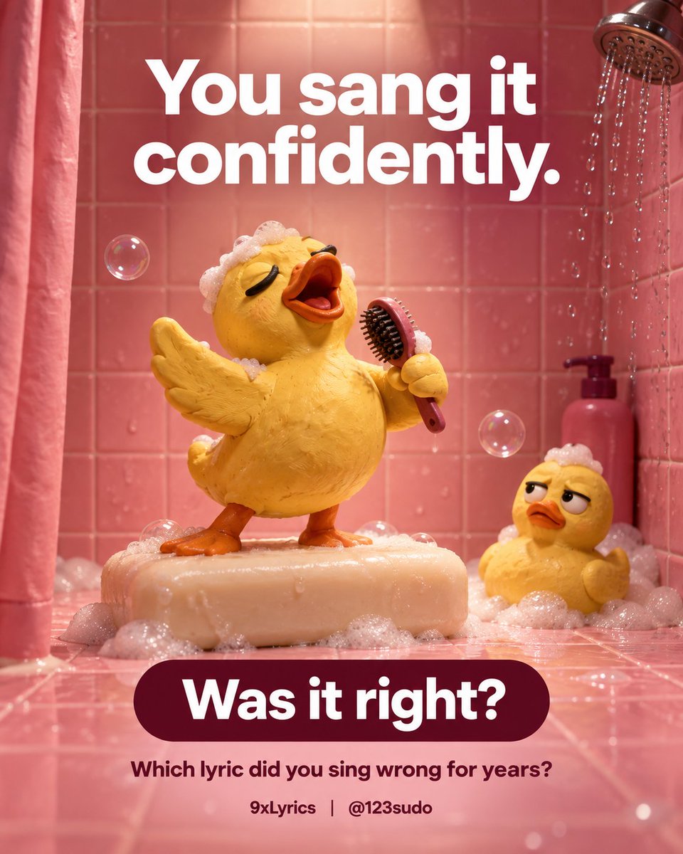 123sudoapps's tweet photo. Shower concert confidence: 100%. Lyric accuracy: debatable. 🦆🎶

Which lyric did you sing wrong for years? Tell us the song and your version.

#9xLyrics #MisheardLyrics https://t.co/USonqol3DX
