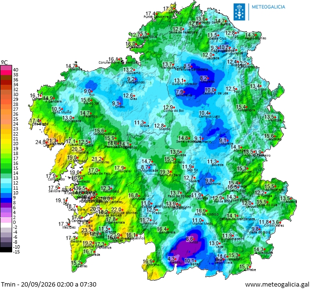MeteoGalicia's tweet photo. Vemos o mapa das mínimas rexistradas esta noite. Gran contraste entre oeste-leste e costa-interior, con mínimas en #CalvosDeRandín 4ºC, #XinzoDeLimia 6ºC mentres que 23ºC #VigoCampus e 22ºC #FornelosDeMontes

Hoxe tempo seco e soleado☀️en toda #Galicia con néboas no interior. https://t.co/hV060eSl8k