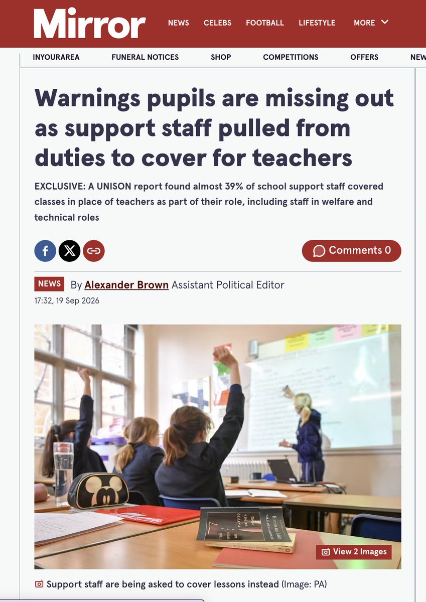 unisontheunion's tweet photo. Support staff are showing up for pupils every day, but can't be expected to solve teacher shortages.

In the @DailyMirror today, UNISON research shows staff moved from vital roles to cover classes, often with no extra pay.

Children deserve better. Schools need proper investment. https://t.co/zvAkVAeBMI