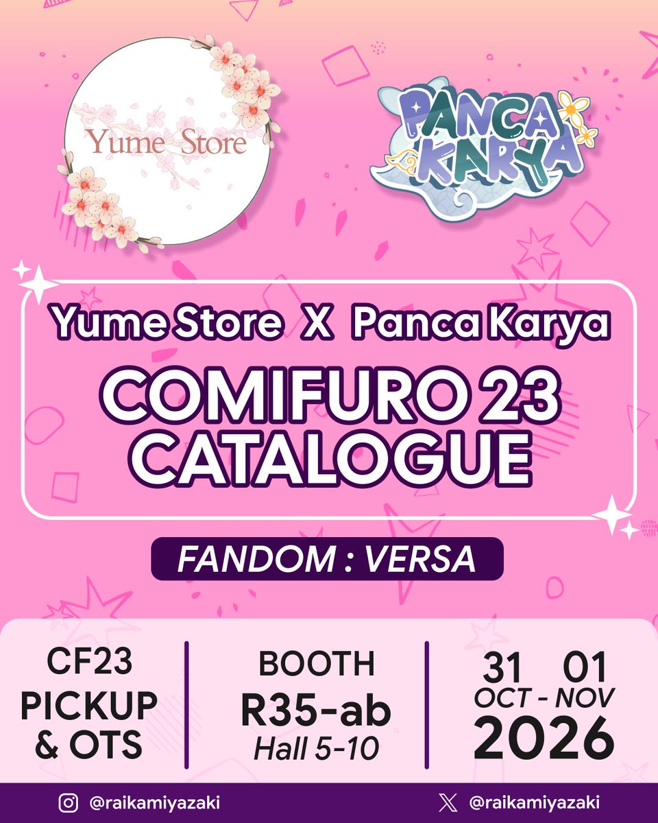 raikamiyazaki's tweet photo. [❤️&amp;🔄 very appreciated🫶]

(1/2)

Hallo~
YumeStore's Catalog #VERSA ⭐ in #Comifuro23

🗓️: 31 Oct - 1 Nov 2026
📍: ICE BSD Hall 5-10, BOOTH @pancakaryamerch : R-35 ab (Both days)

Yuk di jemput abang" gantengnya 💕 tambahan 1 item baru OTS only 🤭

#UNIVERSA #VERKARYA #CF23 https://t.co/g1OoH6oBMu