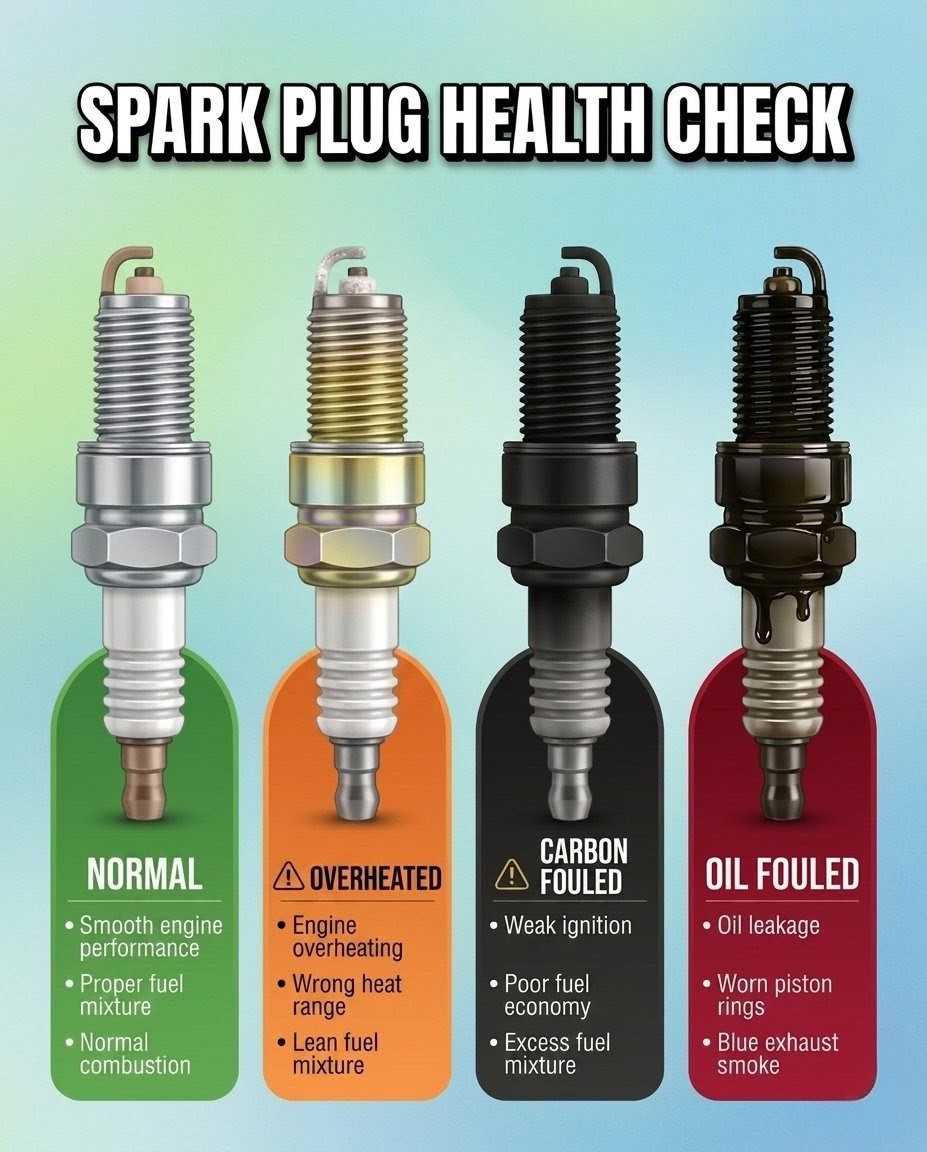 mariahill82203's tweet photo. Is your car’s engine performing properly? A spark plug can reveal major engine issues. Its color and condition can indicate engine health, fuel mixture, oil leaks, overheating, or tuning needs. Save this guide and check your engine if you notice https://t.co/EnjO9L3jLM