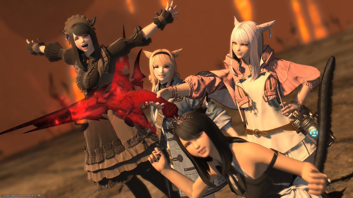 YuuhiHana's tweet photo. 100階突破したぁ！
さっき気づいたんだけど、華以外みんな同じ髪やん……髪型変えてこかな……

#FF14
#ミコッテ
#死者の宮殿 https://t.co/sFXrPXosI8