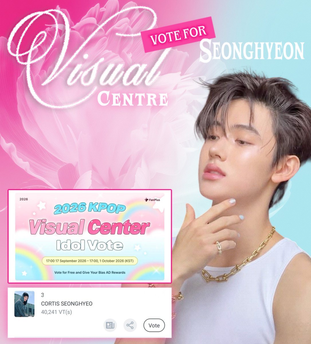 Hyeonville's tweet photo. 🗳️ [ VOTING INFO ]
📍#SEONGHYEON is nominated for — "2026 KPOP Visual Center Idol Vote | Popularity Ranking" on FANPLUS 

📊 Current rank - #4
🗓️ Deadline - 1st Oct (17 KST)
🏆 Seoul Subway Pillar Ad (14 Days)
🎫 Don’t forget to use invitation code: #fd0bff0e
→ Get 3,000 VTS for free!

• Vote everyday before 17 KST
• Daily login reward+ watch ads
• Invite more fans with your code = both receive 3000 VTS

Let’s get Seonghyeon that #1 spot and make his name shine on the subway! 🏆✨
🖇️ https://t.co/SYWpGEWBLZ

#성현 #CORTIS #엄성현 
#ソンヒョン #코르티스
