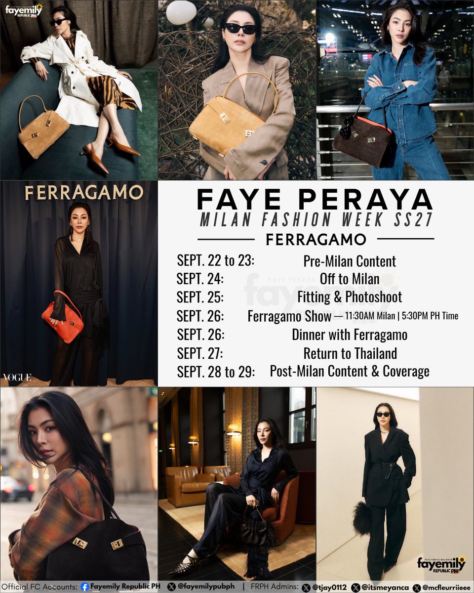 fayemilypubph's tweet photo. ✨ Faye Peraya x Ferragamo at Milan Fashion Week SS27 ✨

📣 CALLING ALL FAYEMILY 📣

🗓️ 26 SEPTEMBER 2026
⏰ 11:30AM Milan | 4:30PM BKK | 5:30PM PH
📍 Viale Emilio Alemagna, 6, Milan

As we are officially entering our “Faye Peraya x Ferragamo at MFW SS27” Week, please be guided by the schedule for the week and the following reminders for engagements/on-site support.

In the past year, most especially last MFW, we proved to the world that Faye Peraya Malisorn is not only a household name in Thailand but she is also a growing force to be reckoned with in the international scene especially in the entertainment and fashion industries.

Once again, this MFW SS27, let us show the world the true strength/power of Fayemily and our love for our one and only Faye Peraya. 🌻💛

So gather up everyone, prepare what needs to be prepared, and brace yourselves for a very busy week ahead. We will see you all very soon. 🫡

Faye 🤝 Fayemiy

#FayePeraya
#Fayemily