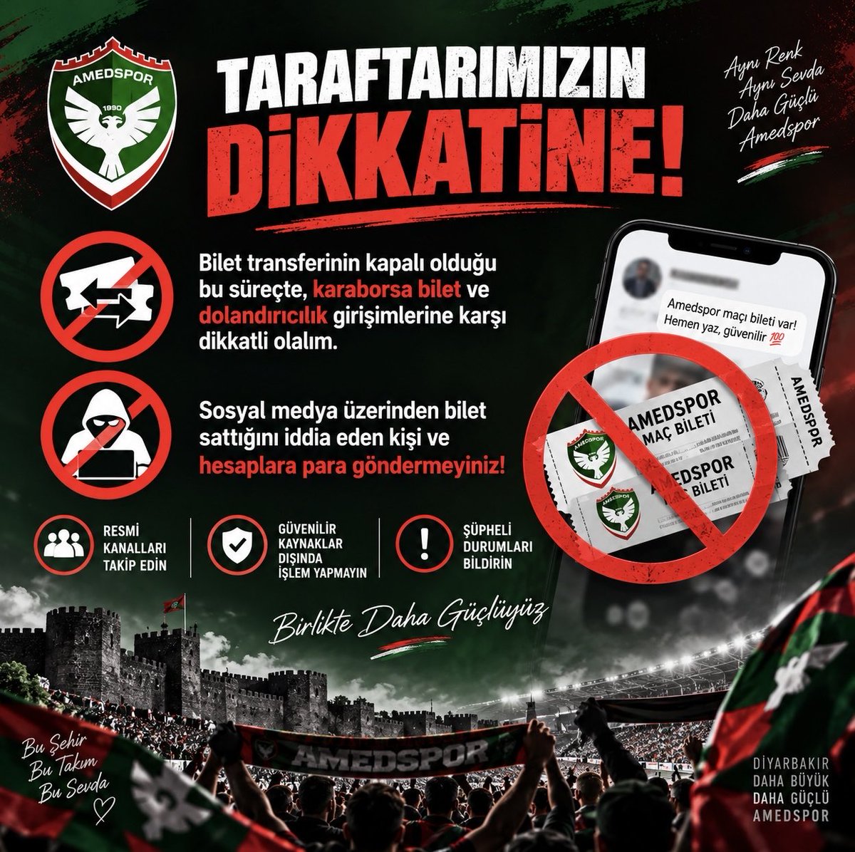 AMEDSPQR's tweet photo. Taraftarlarımızın dikkatine!

🎟️ Bilet transferinin kapalı olduğu bu süreçte, karaborsa bilet ve dolandırıcılık girişimlerine karşı dikkatli olalım.

❌ Sosyal medya üzerinden bilet sattığını iddia eden kişi ve hesaplara para göndermeyiniz! #amedvbjk https://t.co/bMSjFizPNn