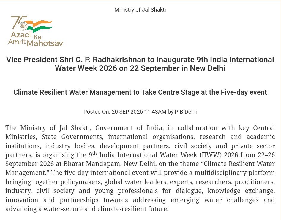 DDNewslive's tweet photo. Vice President C. P. Radhakrishnan to inaugurate 9th India International Water Week 2026 on 22 September in New Delhi.
@VPIndia @DoWRRDGR_MoJS #IndiaInternationalWaterWeek #IIWW2026 #ClimateResilientWaterManagement #WaterSecurity #Sustainability https://t.co/Imblm0r5A0