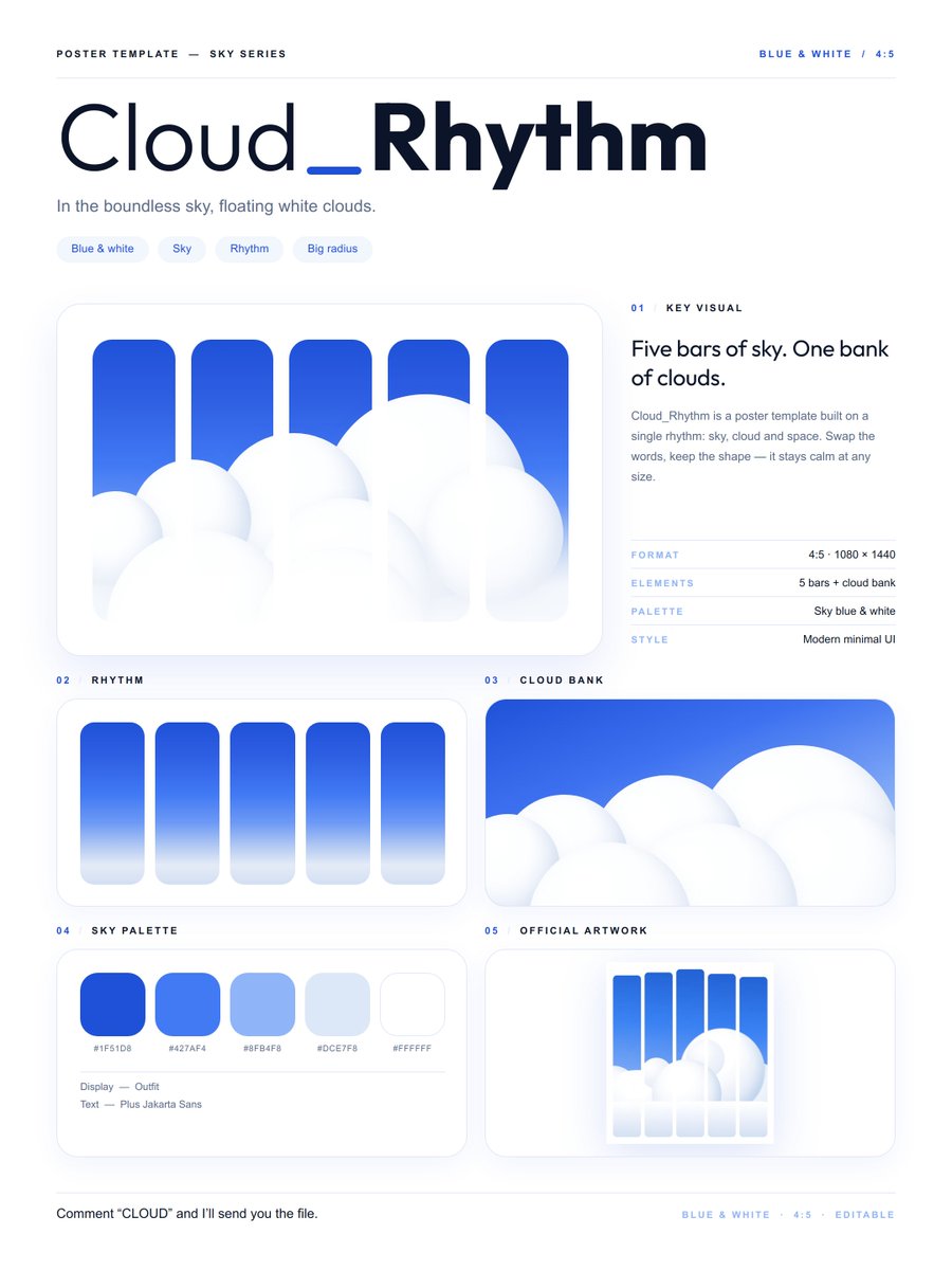 chesoai's tweet photo. ☁️ Cloud in your design toolkit, now.

Meet Cloud_Rhythm — a poster template in pure white & blue: soft cloud banks drifting into a rhythm of clean lines, wrapped in a calm sky gradient.

🔗 Open the template & make it yours → https://t.co/63RvEkebc2

👉 Comment "CLOUD" and I'll send you the file.

#Design #Poster #Templates #BlueAndWhite #MinimalDesign