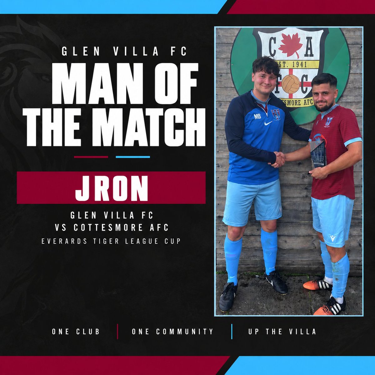 GlenVillaFC's tweet photo. 🏆 MAN OF THE MATCH | JRON

Top performance from JRon in yesterday’s cup win away at Cottesmore AFC. 👏

A big shift as the lads booked their place in the next round! 💪🔵🔴

Well played, JRon! 👏 #UpTheVilla https://t.co/4ODAlp4Zox