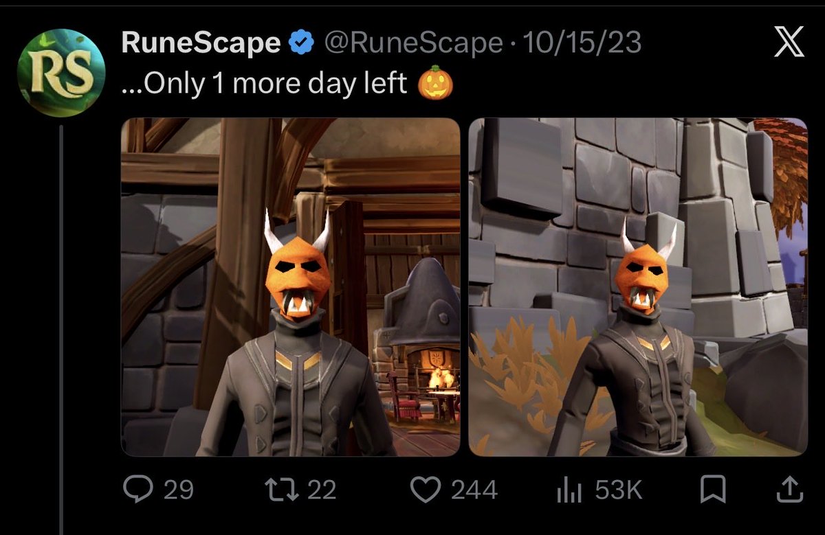 0xBedouin's tweet photo. Halloween 🎃 is around the corner, Runescape loves to tweet a new H’ween mask for their holiday events

The @HMASKonchain X is active like the @santahatgp @cracker_gp accounts

$SANTA + $CRACKER is for Xmas 
$HMASK is for Halloween

This is the cheapest OSRS rare on GE of stonk https://t.co/y8aYOtRnt2