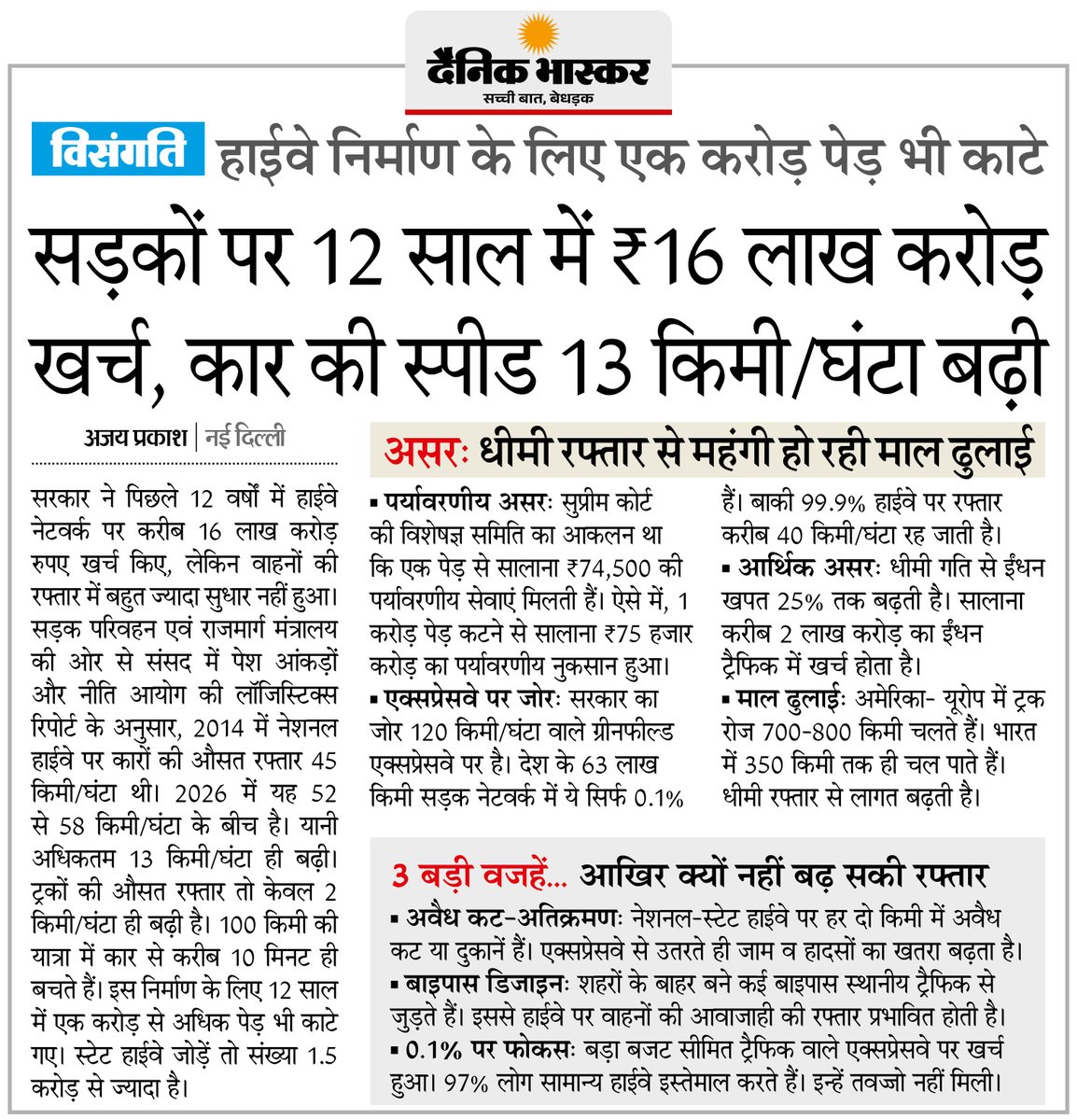 DainikBhaskar's tweet photo. सरकार ने 12 साल में हाईवे नेटवर्क पर करीब ₹16 लाख करोड़ खर्च किए, 1 करोड़ पेड़ भी काटे... कार की स्पीड 13kmph बढ़ी
#Highways #Infrastructure #RoadTransport #Environment #India | By- @ajayprakashm 

अधिक खबरें और ई-पेपर पढ़ने के लिए दैनिक भास्कर एप इंस्टॉल करें - https://t.co/xvtHwBsRxh