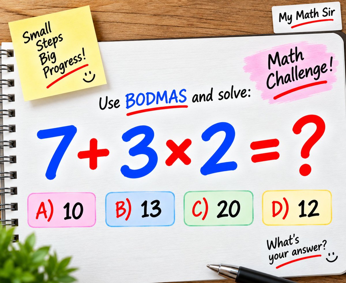 MyMathSir's tweet photo. Simple one today. 👀

7 + 3 × 2 = ?

What’s your answer?

#BODMAS #MathChallenge https://t.co/tRlbgtVXkA