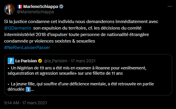 Romualddu13's tweet photo. « Mais au détour d'un chemin elle croise Taha Oualidat, un marocain de 22 ans, déjà condamné à 7 ans de prison pour le viol d'une jeune étudiante dans une forêt en 2019. »

Les bras m'en tombent.
Lorsque @MarleneSchiappa annonçait triomphalement  en 2021 puis 2024 que les étrangers condamnés pour violences sexuelles/sexistes devaient systématiquement être expulsés sur la base d'une circulaire de 2018 dont elle était à l'origine, c'était du flan total.

Le Maroc a refusé de récupérer ce clandestin violeur ?
Et ? N'existe-t-il vraiment aucun moyen de pression diplomatique, économique, migratoire voire, soyons fou, militaire pour faire plier ce pays ?!