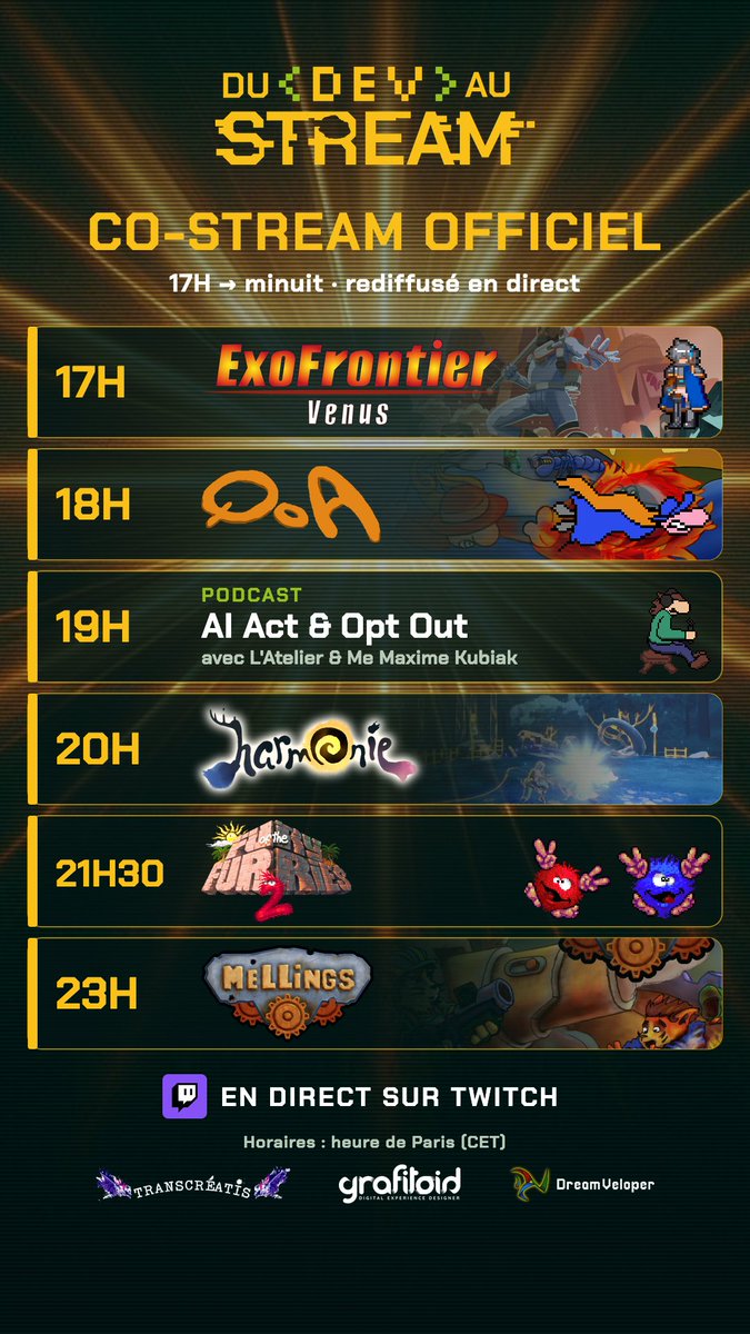 NitCrawlR_TV's tweet photo. Demain: Du Dev au Stream par Toto RollMop !
Préshow 13h-17h / Show 17h-minuit
Programme :
17h Exofrontier
18h QoA
19h Podcast AI Act/Opt Out
20h Harmonie
21h30 Fury Of The Furries 2
23h Mellings
Twitch: https://t.co/MPk881Y8cY
#gamedev #indiegamesdev #speedrun #challenge #stream https://t.co/nJNnIJqsDR