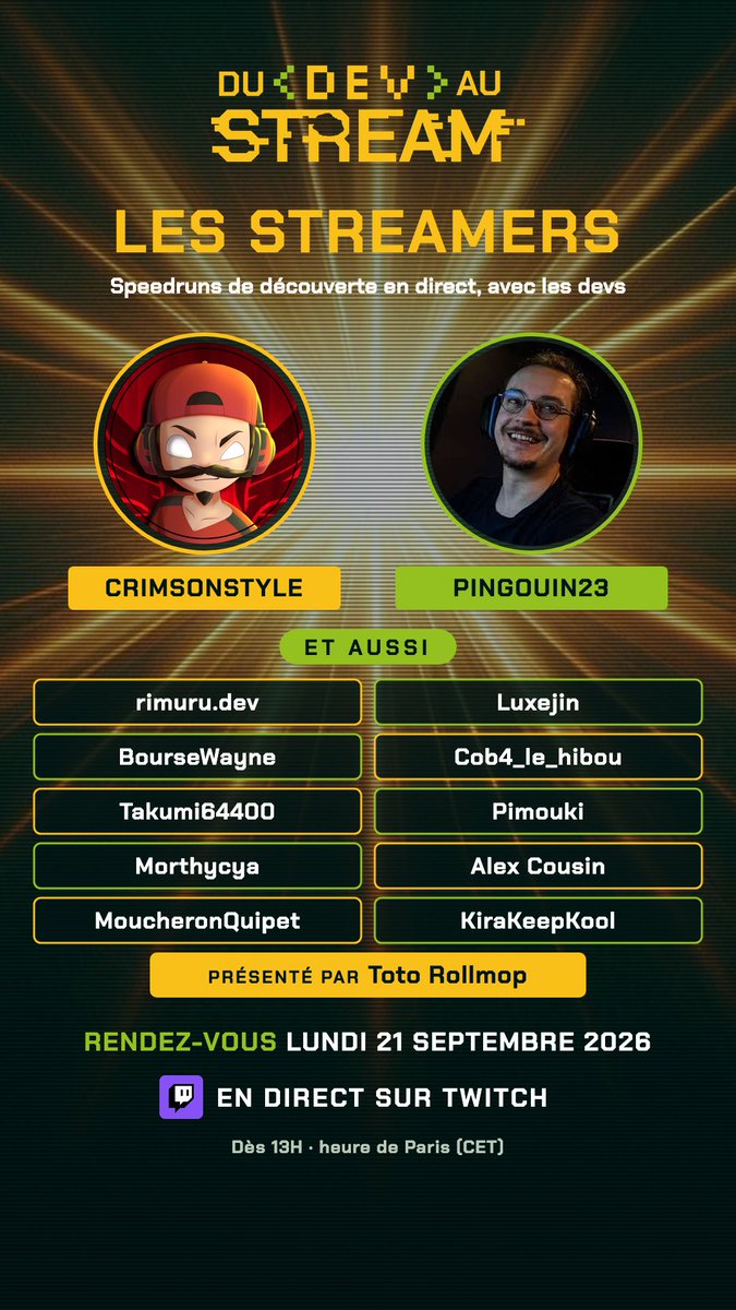 NitCrawlR_TV's tweet photo. Demain: Du Dev au Stream par Toto RollMop !
Préshow 13h-17h / Show 17h-minuit
Programme :
17h Exofrontier
18h QoA
19h Podcast AI Act/Opt Out
20h Harmonie
21h30 Fury Of The Furries 2
23h Mellings
Twitch: https://t.co/MPk881Y8cY
#gamedev #indiegamesdev #speedrun #challenge #stream https://t.co/nJNnIJqsDR