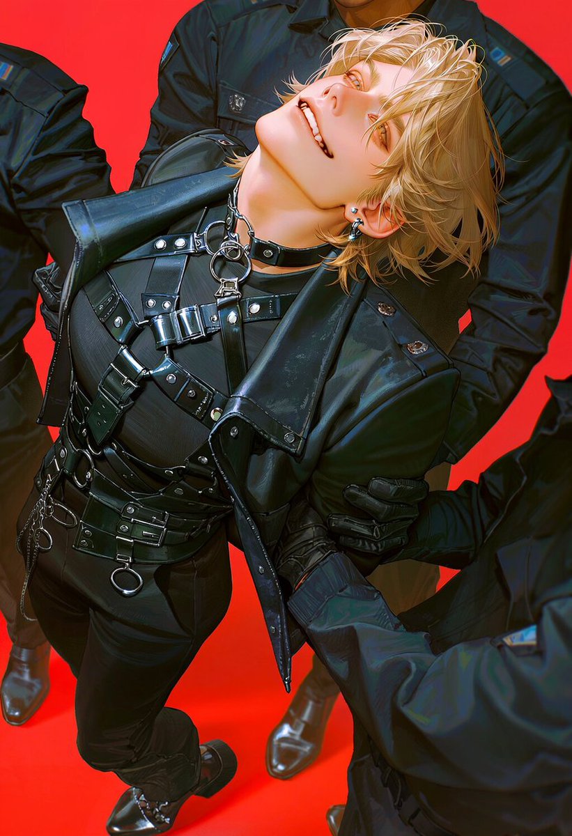 Un_jin_OAOa's tweet photo. 철컹철컹 Prompt

자세1) 숙인 자세

restrained by several uniformed men surrounding him, body bent sharply forward at the waist, shoulders forced downward, head tilted slightly to one side, messy hair falling across the face, defiant half-lidded gaze, crooked rebellious grin,

one uniformed man gripping the back of his collar firmly, another holding his upper arm and shoulder, another standing close beside him, hands restraining his shoulders and arms, character remaining strangely relaxed despite being restrained,

black punk jacket, fitted black shirt underneath, multiple leather harness straps crossing the chest and torso, silver buckles, metal eyelets, zipper details, layered black belts around the waist and hips, large silver O-rings, dangling metal rings, black fitted pants, subtle dark red stripe running down one pant leg, silver ear piercings, silver rings,

dark navy uniformed men surrounding him, matching dark shirts and trousers, simple shoulder patches, black gloves, utility belts, surrounding faces partially cropped outside the frame,

character prominently centered, surrounding men tightly crowding around him, overlapping bodies, character bent forward between them, close crowded composition, dynamic tilted posture, waist-up to thigh-up framing, surrounding figures partially cut off by the edges,

solid vivid red background, plain scarlet red backdrop, seamless red background, no scenery, no objects, no patterns, no graffiti, no text,

dark alternative fashion illustration, underground punk aesthetic, rebellious atmosphere, rough textured rendering, gritty shading, deep black clothing, vivid red and black contrast, sharp silver hardware highlights, dramatic graphic composition

자세2) 젖힌 자세

being dragged away by several uniformed men, both upper arms firmly restrained from either side, arms pulled slightly backward, shoulders drawn back, body leaning backward against their grip, feet slightly stumbling forward,

head tilted far back, chin raised, face turned slightly toward the viewer, messy hair falling away from the face, half-lidded eyes, defiant amused gaze, crooked mischievous grin, completely unfazed expression,

one uniformed man tightly gripping his left upper arm, another gripping his right arm and shoulder, third man pushing him forward from behind, hands visibly gripping fabric and arms, surrounding bodies pressing close around him,

black punk jacket, fitted black shirt, multiple leather harness straps across the torso, silver buckles, zipper details, layered black belts around the waist and hips, large silver O-rings, dangling metal rings, fitted black pants, silver ear piercings, silver rings,

dark navy uniformed men, matching dark shirts and trousers, simple shoulder patches, black gloves, utility belts, their heads and faces mostly cropped outside the frame,

character prominently centered, torso arched backward between the surrounding men, restrained arms creating strong diagonal lines, overlapping bodies, chaotic close composition, dynamic movement, thigh-up framing, slight dutch angle, surrounding figures partially cut off by the edges,

solid vivid scarlet red background, seamless plain red backdrop, no scenery, no objects, no patterns, no graffiti, no text,

dark alternative fashion illustration, underground punk aesthetic, rebellious atmosphere, rough textured rendering, gritty shading, deep black clothing, intense red and black contrast, sharp silver hardware highlights, dramatic graphic composition