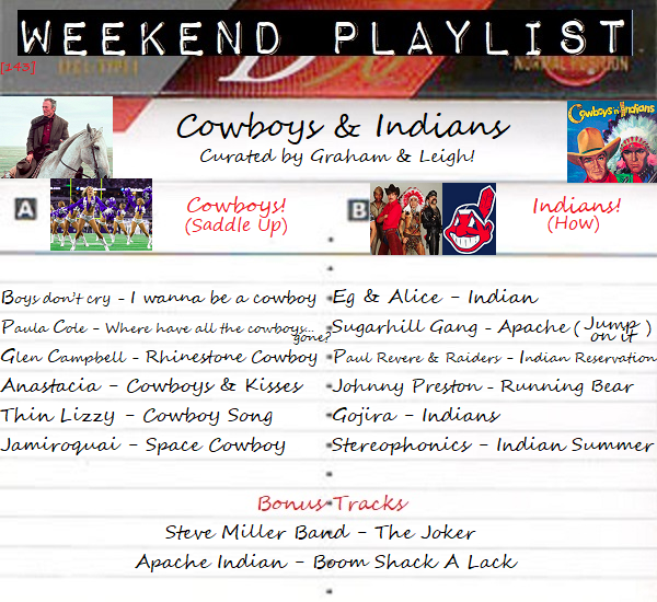WkndPlaylist's tweet photo. Here's the final 🤠Cowboys &amp; Indians🪶  #WeekendPlaylist
Many thanks to @therhonddalad &amp; @GrahamG76😀

Challenging playlist with some great songs no getting on!😯 Great job!👏

Enjoy the week ahead❣️

https://t.co/87XbPOtWmU https://t.co/3RfGxxeRmY