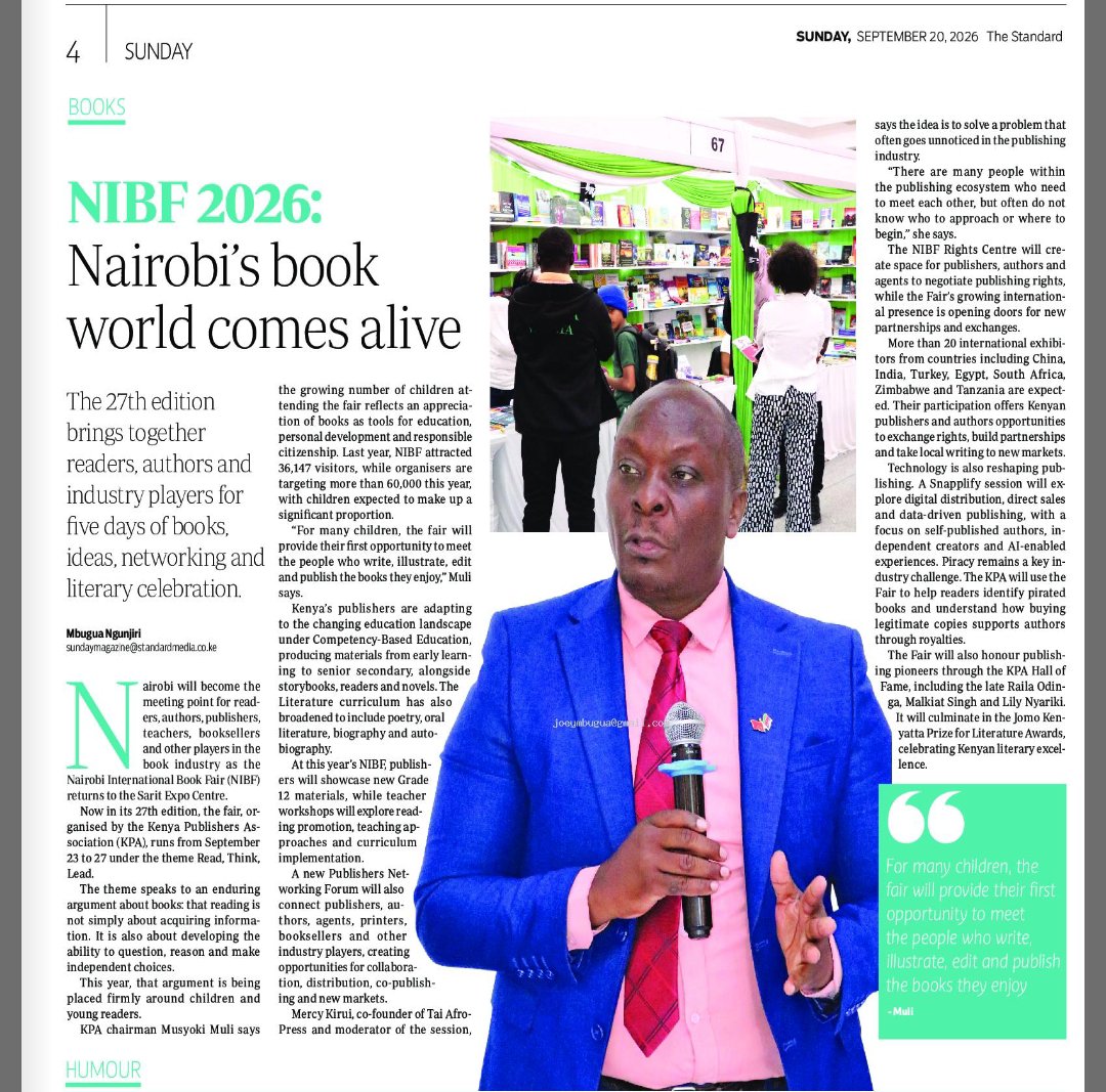 jongunjiri's tweet photo. Nairobi is getting ready for the Nairobi International Book Fair.

NIBF 2026 runs Sept 23–27 at Sarit Centre under the theme Read, Think, Lead.

More than a book fair, it brings together young readers, teachers, authors, publishers and global industry players.

#Nairobibookfair https://t.co/GMKiNHVwBD